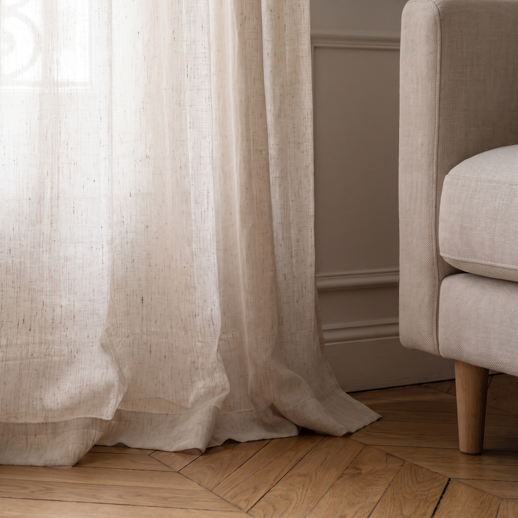Ourlet et retombée au sol d’un pan du rideau voilage en tulle beige
