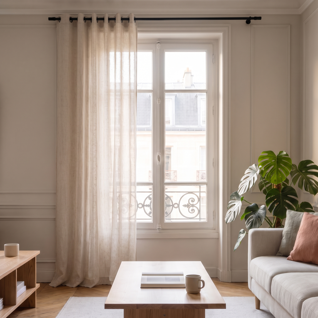 Un pan du rideau voilage en tulle beige rassemblé sur le côté, version œillets