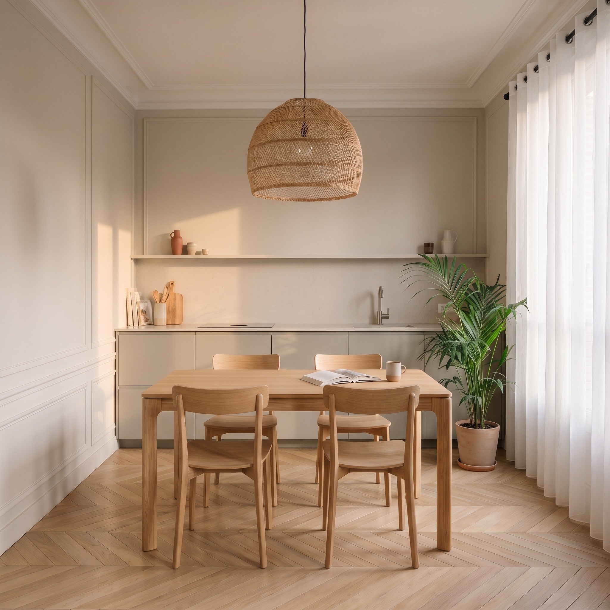 Voilage en tulle blanc devant les fenêtres d'un coin repas, la lumière du matin se diffuse sur la table en bois Image