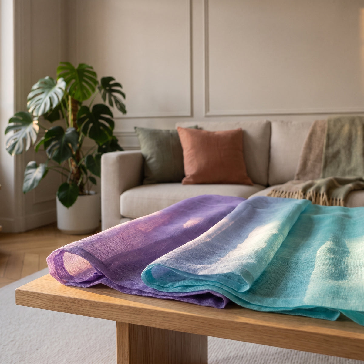 Détail du tulle transparent violet et vert posé dans un salon contemporain