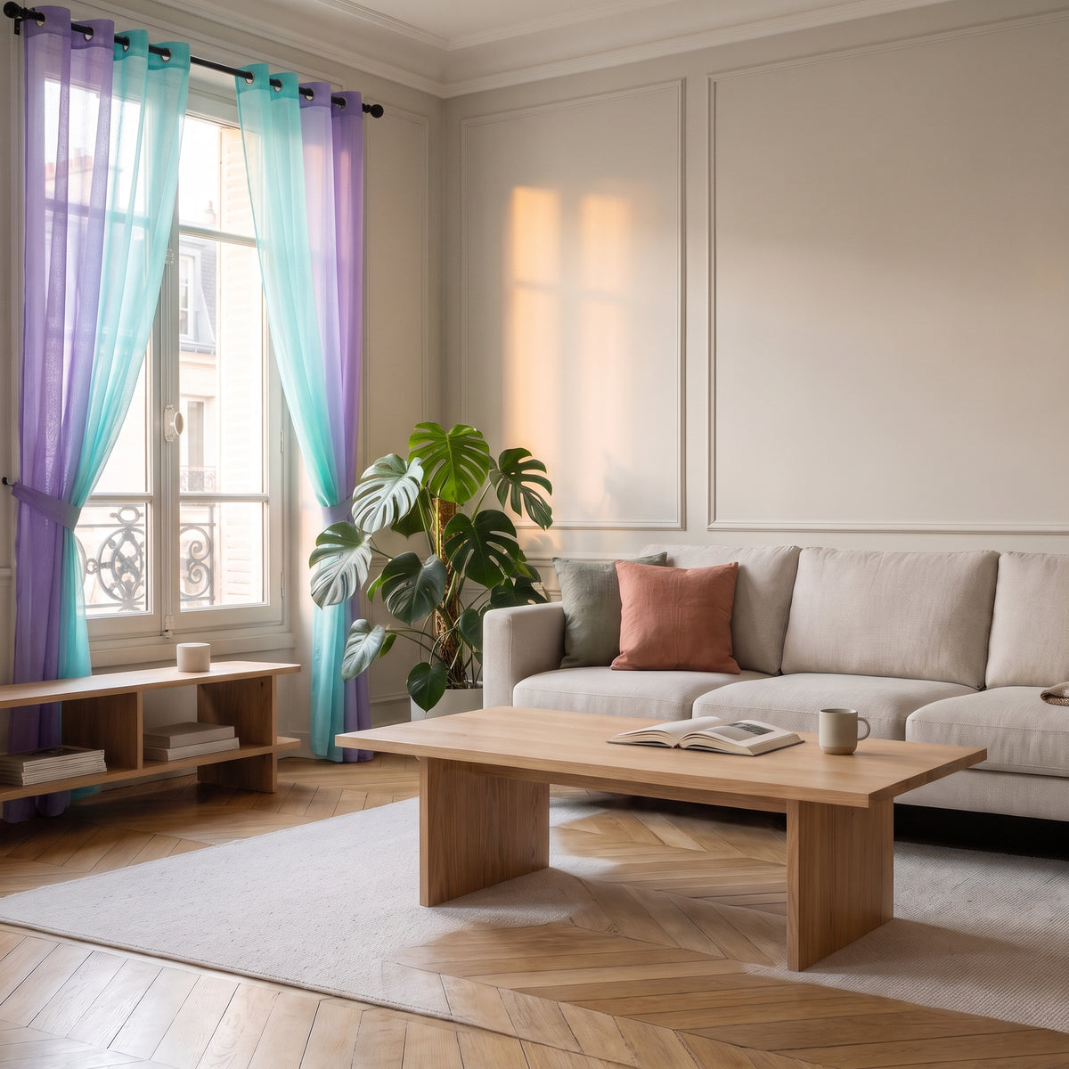 Deux pans du rideau en tulle dégradé violet et vert ouverts dans un salon lumineux