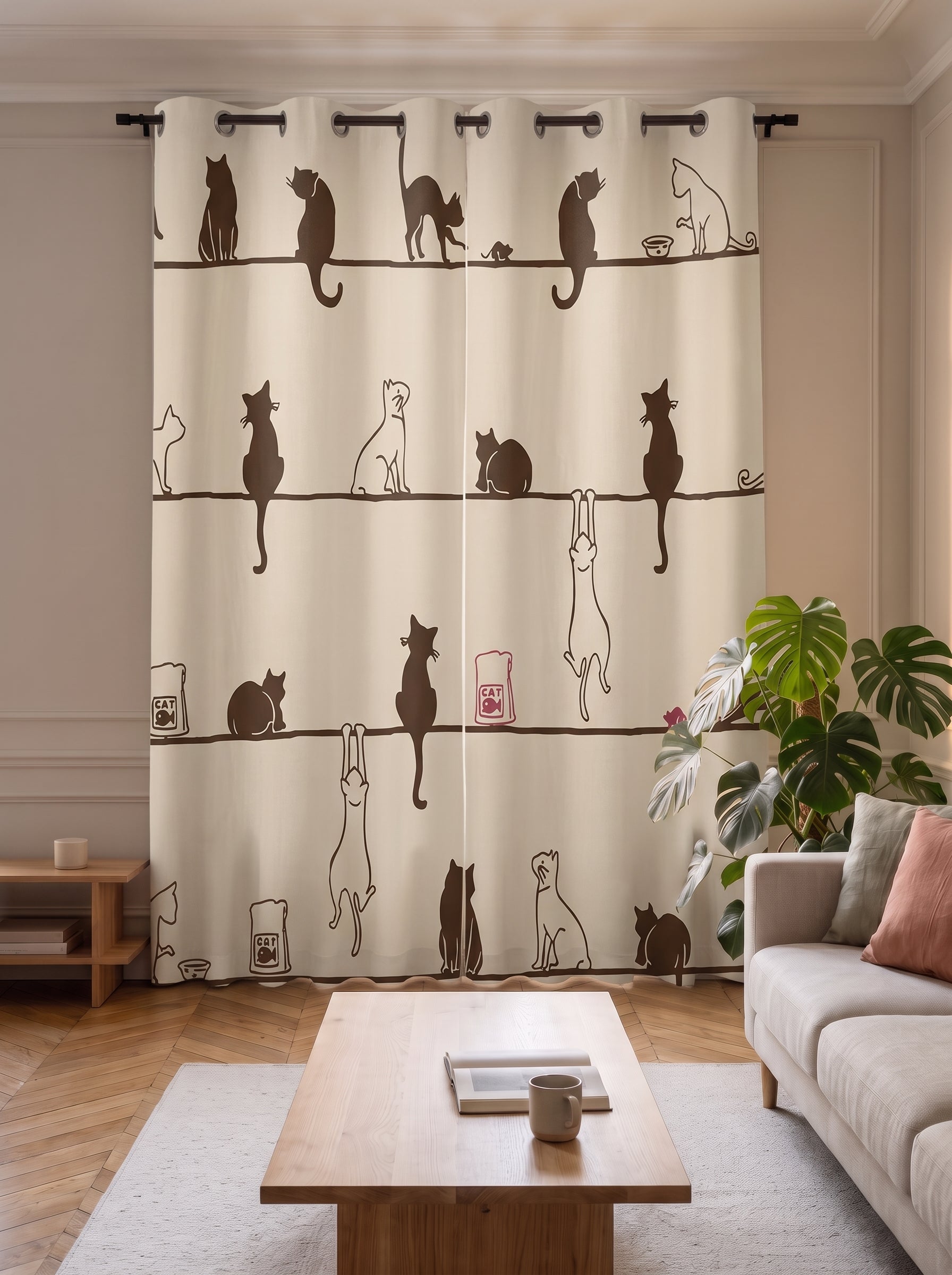 Deux pans fermés du rideau motif chats dans un salon, de la tringle jusqu'au sol Image