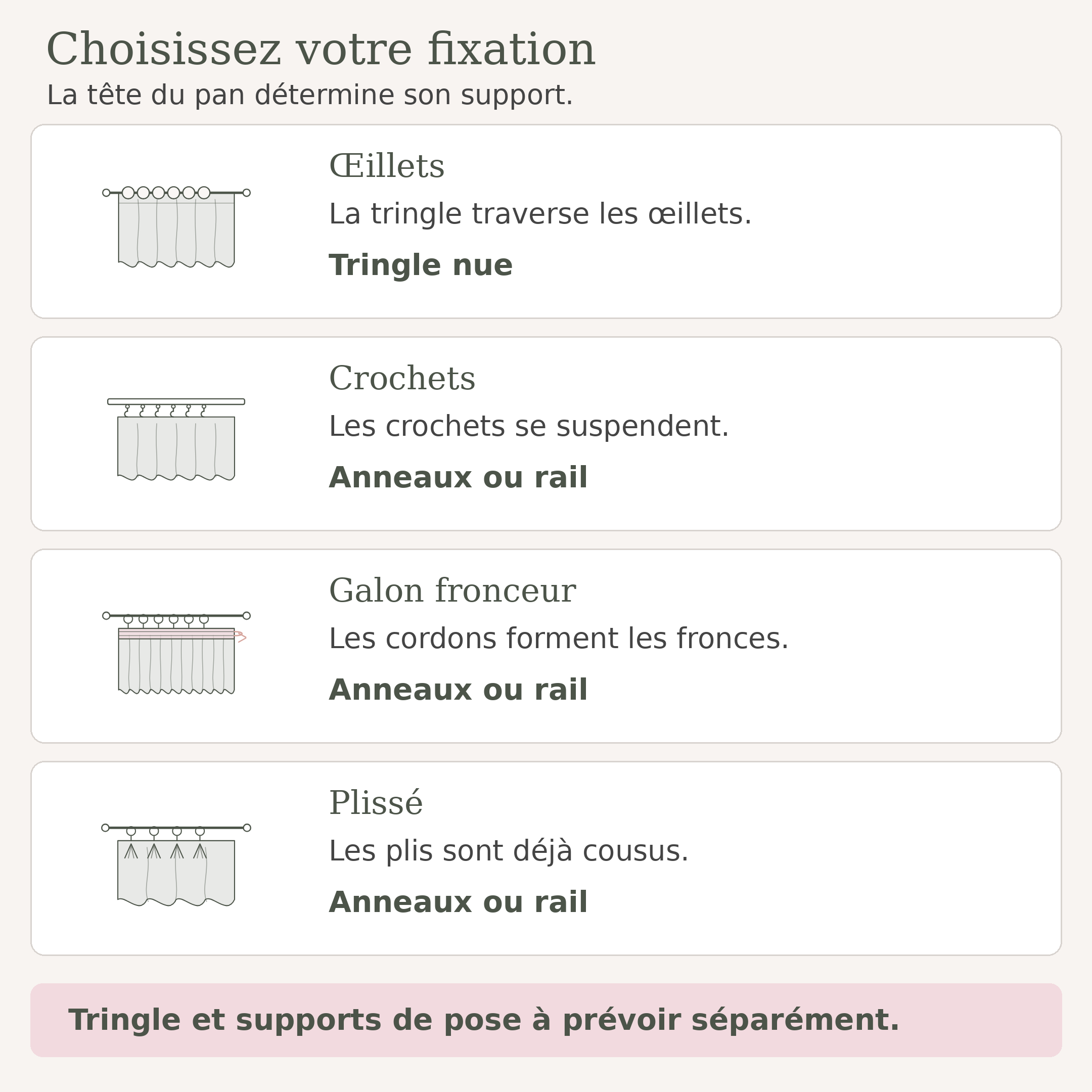 Schéma carré des quatre fixations proposées pour le rideau voilage en tulle beige Image