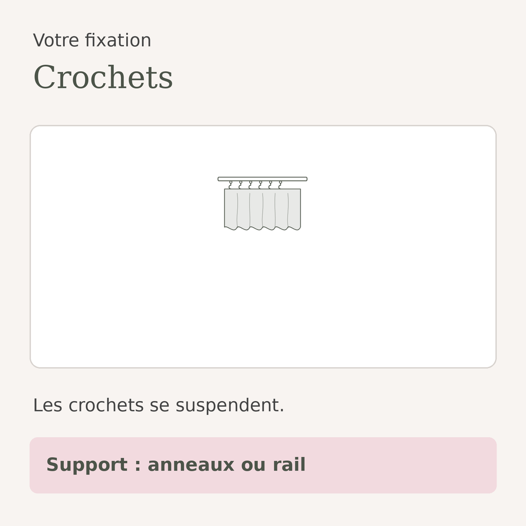 Schéma de la fixation crochets du rideau voilage en tulle beige