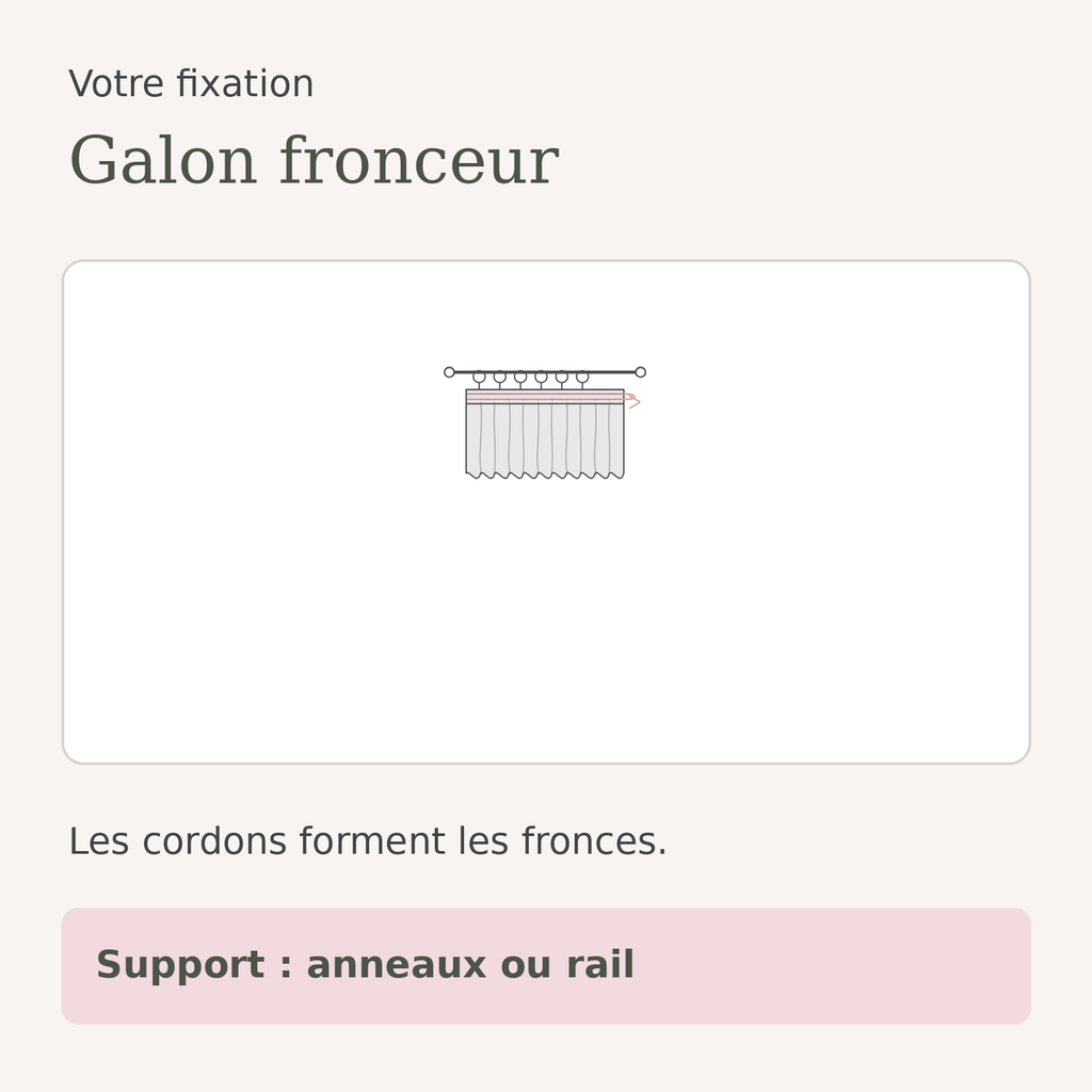 Schéma de la fixation galon fronceur du rideau voilage en tulle beige