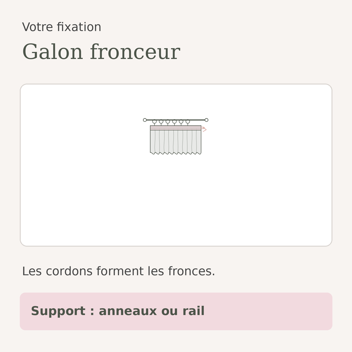 Schéma de la fixation galon fronceur du rideau voilage en tulle beige