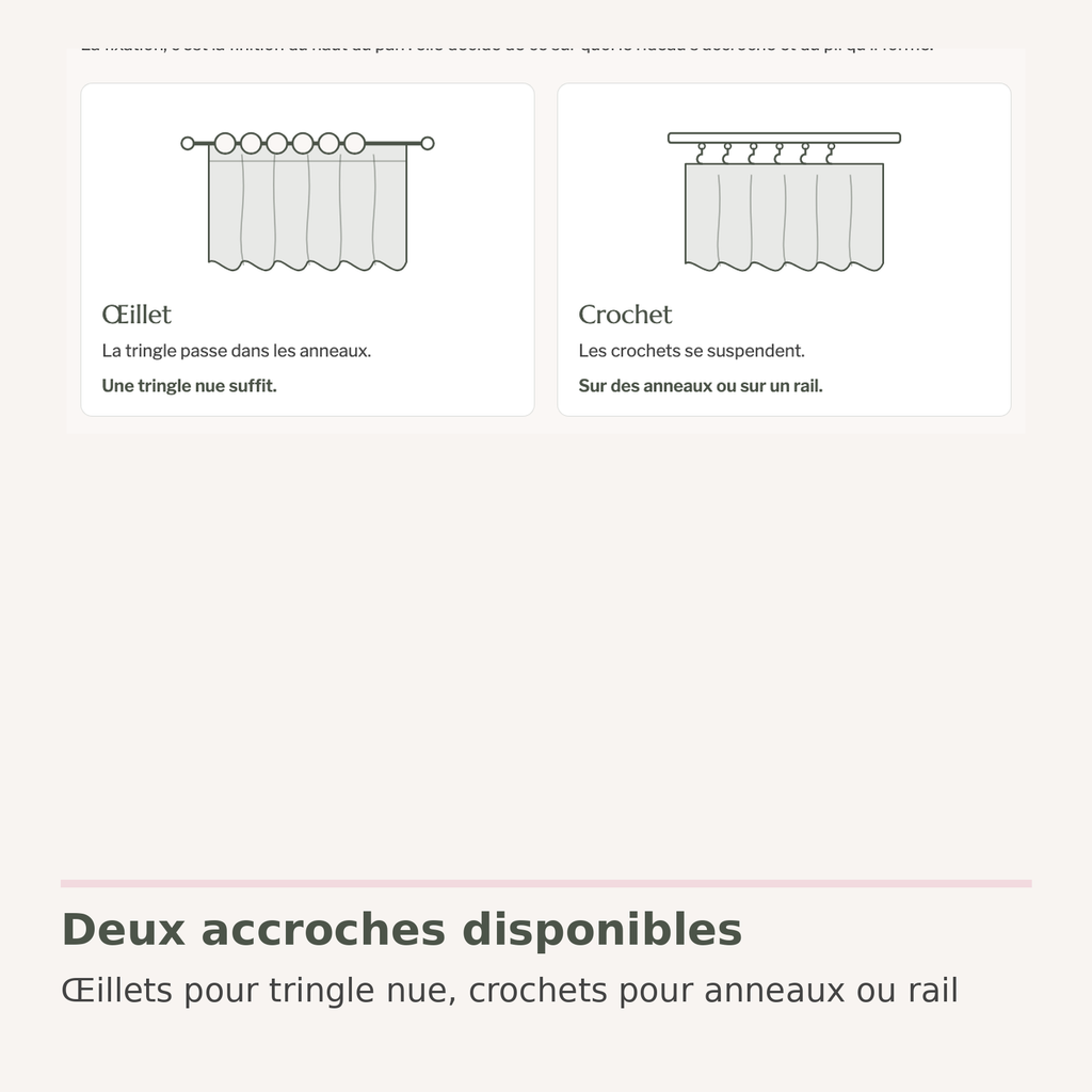 Schéma des deux accroches du rideau : œillets et crochets