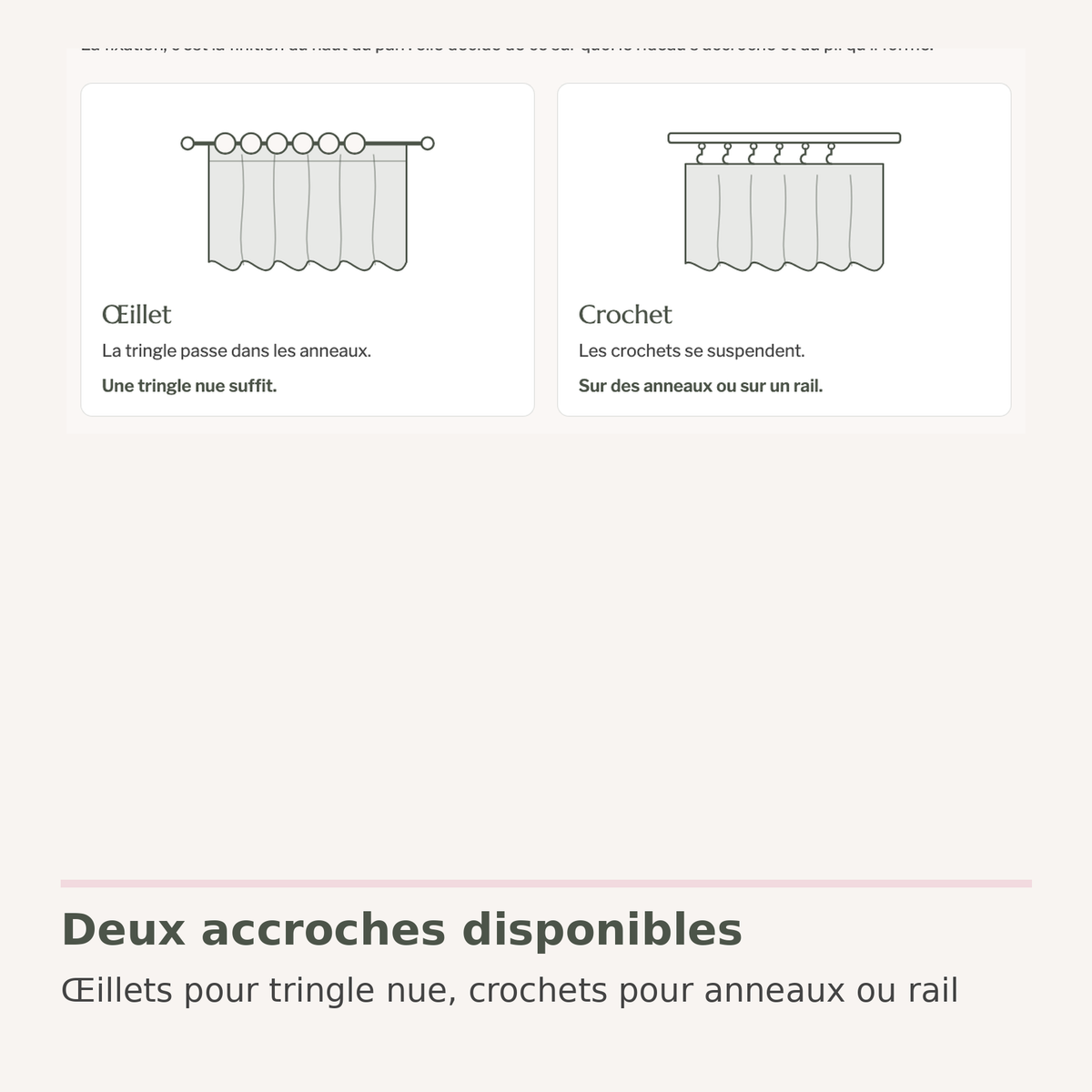 Schéma des deux accroches du rideau : œillets et crochets