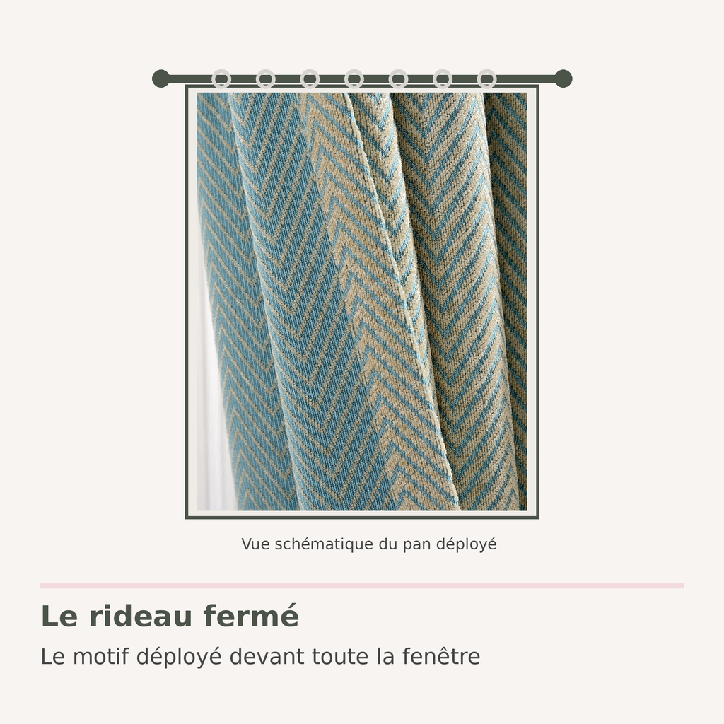 Vue schématique du rideau en chenille bleu fermé devant la fenêtre