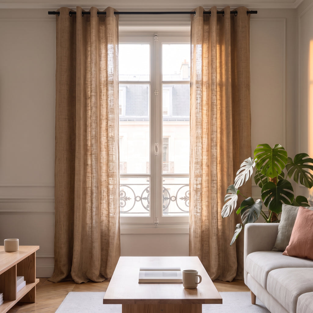 Rideaux en lin semi ombrage beiges ouverts dans un salon