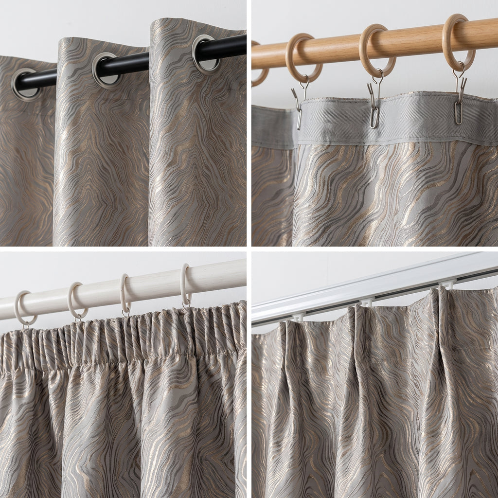 Fixations du rideau jacquard dans son tissu : œillet, crochet, galon fronceur et plissé