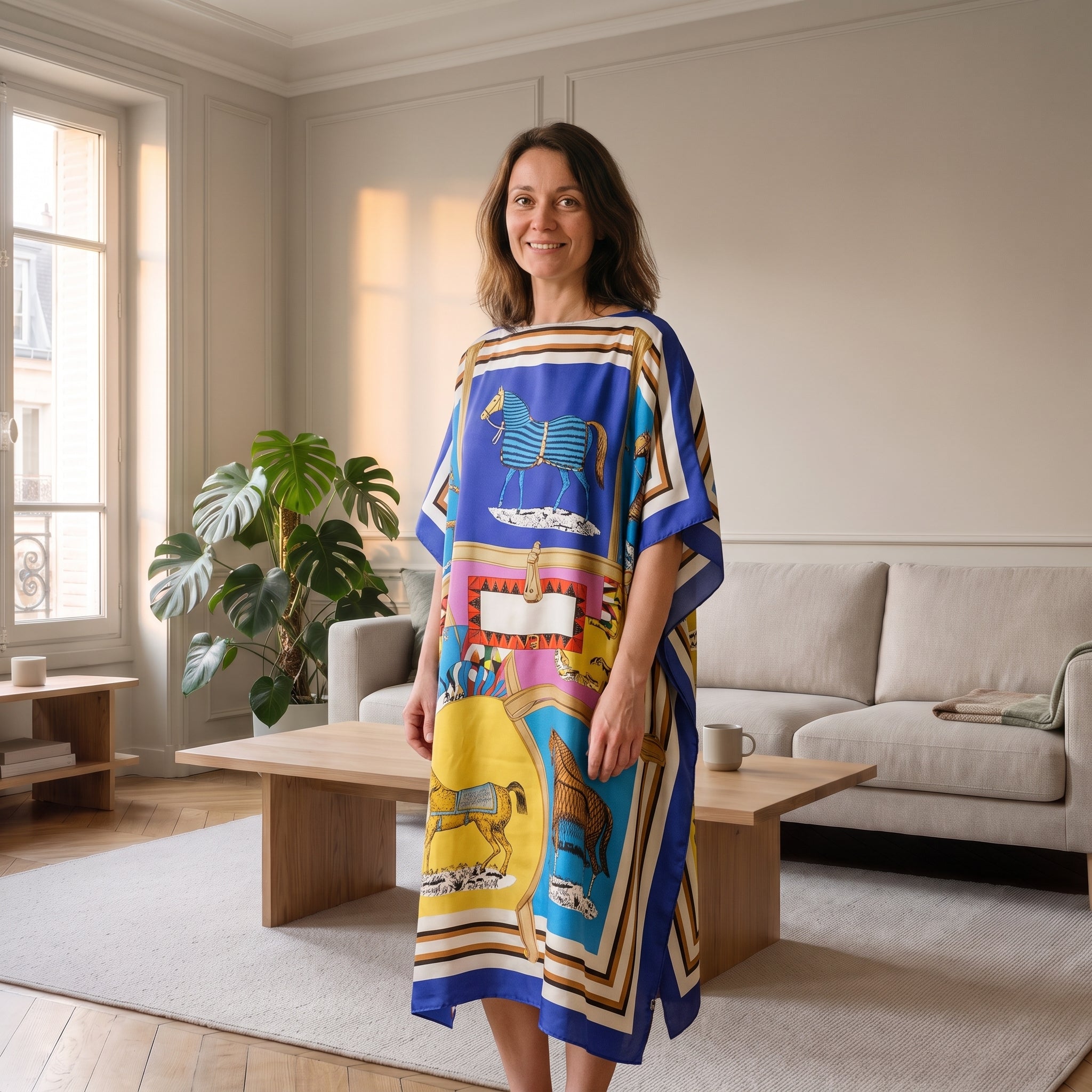 Femme du casting portant la robe ample bleue style foulard dans le salon Image