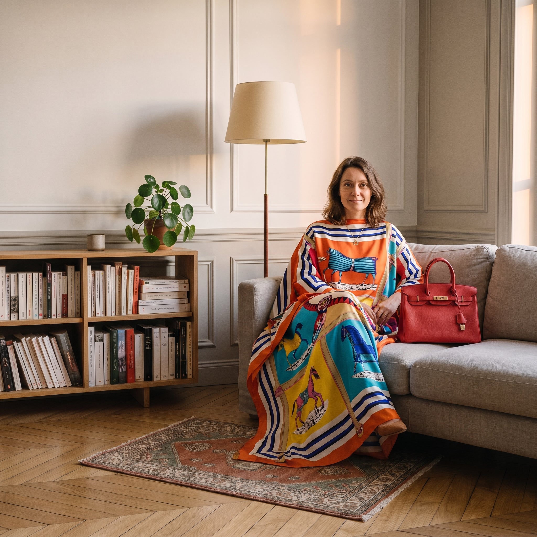 Femme du casting assise dans le coin lecture avec la robe ample orange style foulard Image