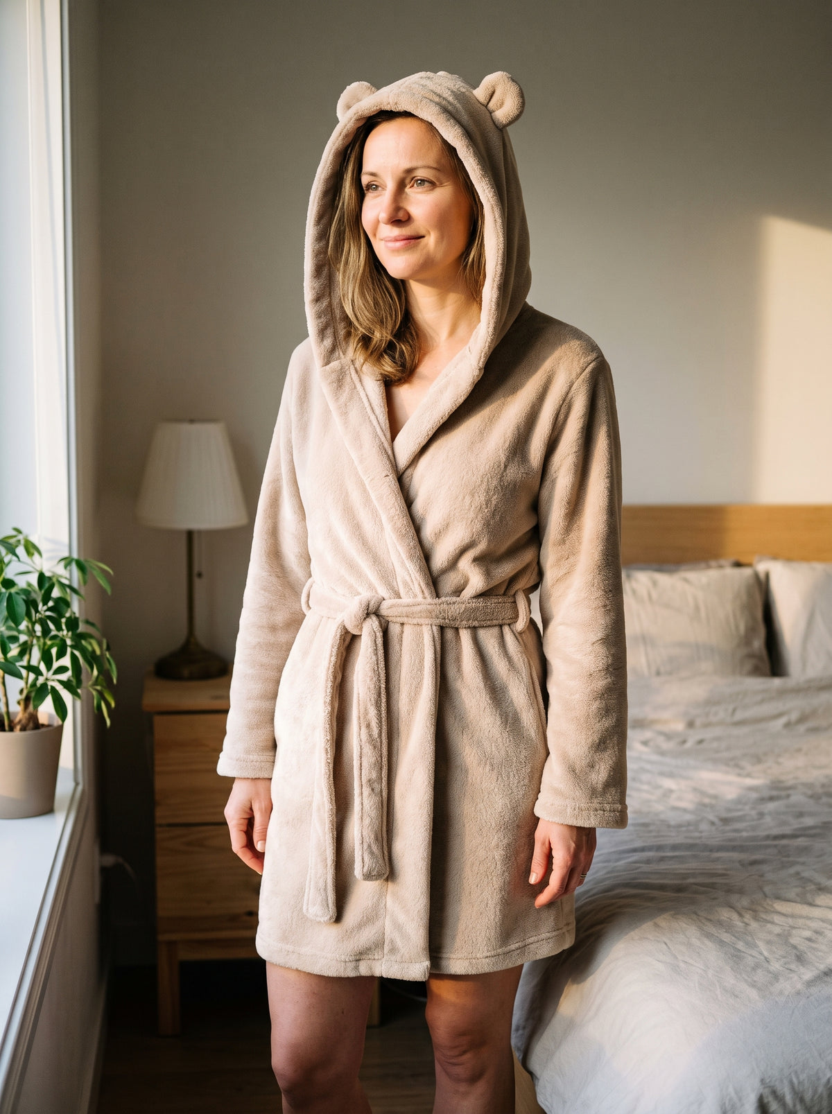 Femme du casting portant la robe de chambre Beige à capuche oreilles dans la chambre