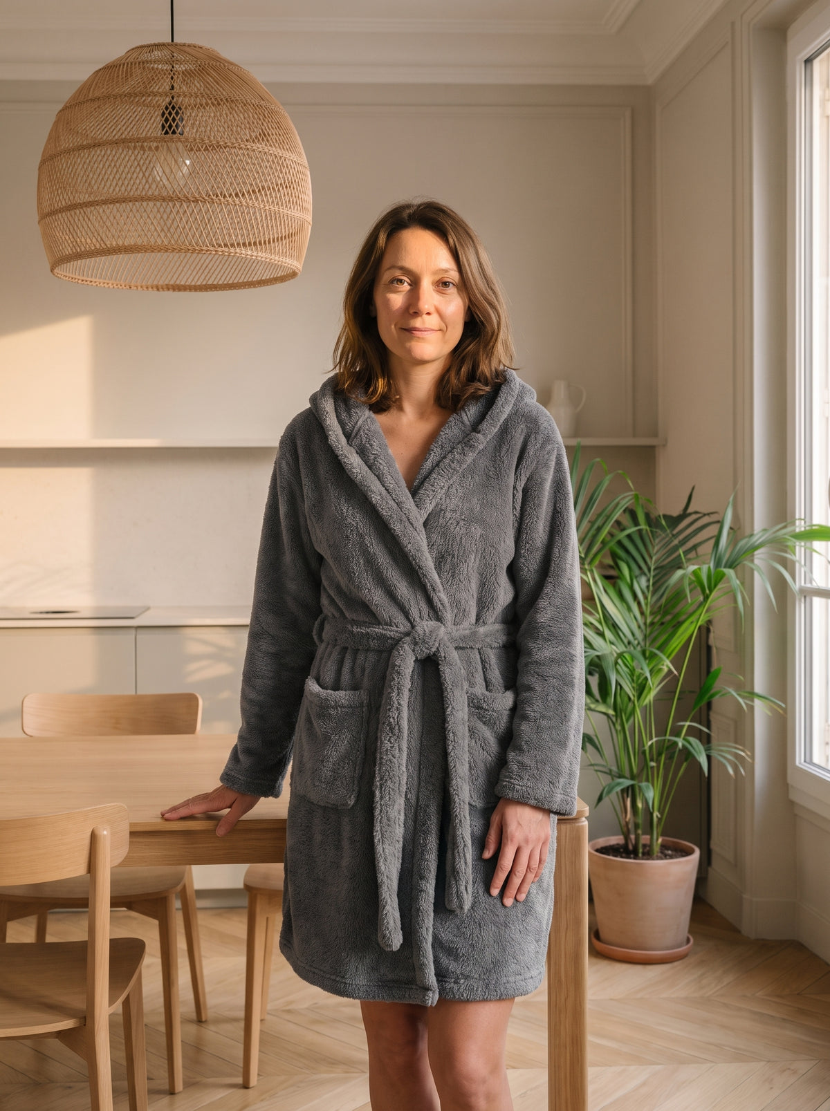 Femme du casting portant la robe de chambre courte grise à capuche près de la table