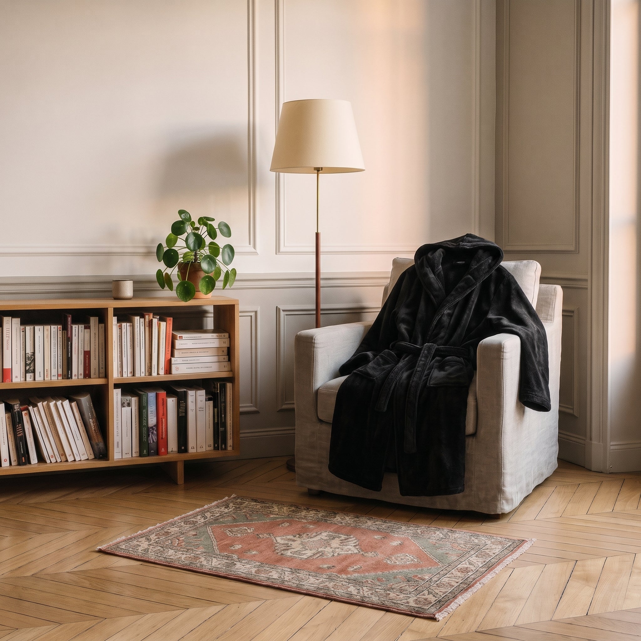Robe de chambre longue homme noire posée sur un fauteuil dans un coin lecture Image