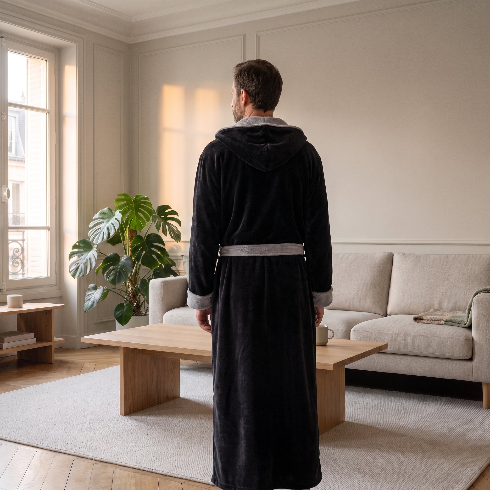 Homme portant une robe de chambre longue noire et grise, vu de dos, près d'une fenêtre Image