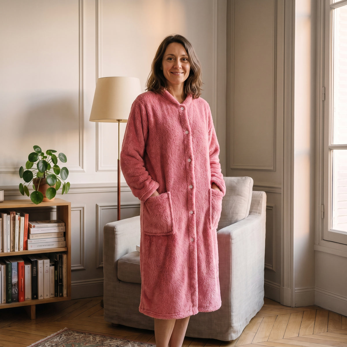 Robe de chambre femme polaire rose portée dans un coin lecture Image