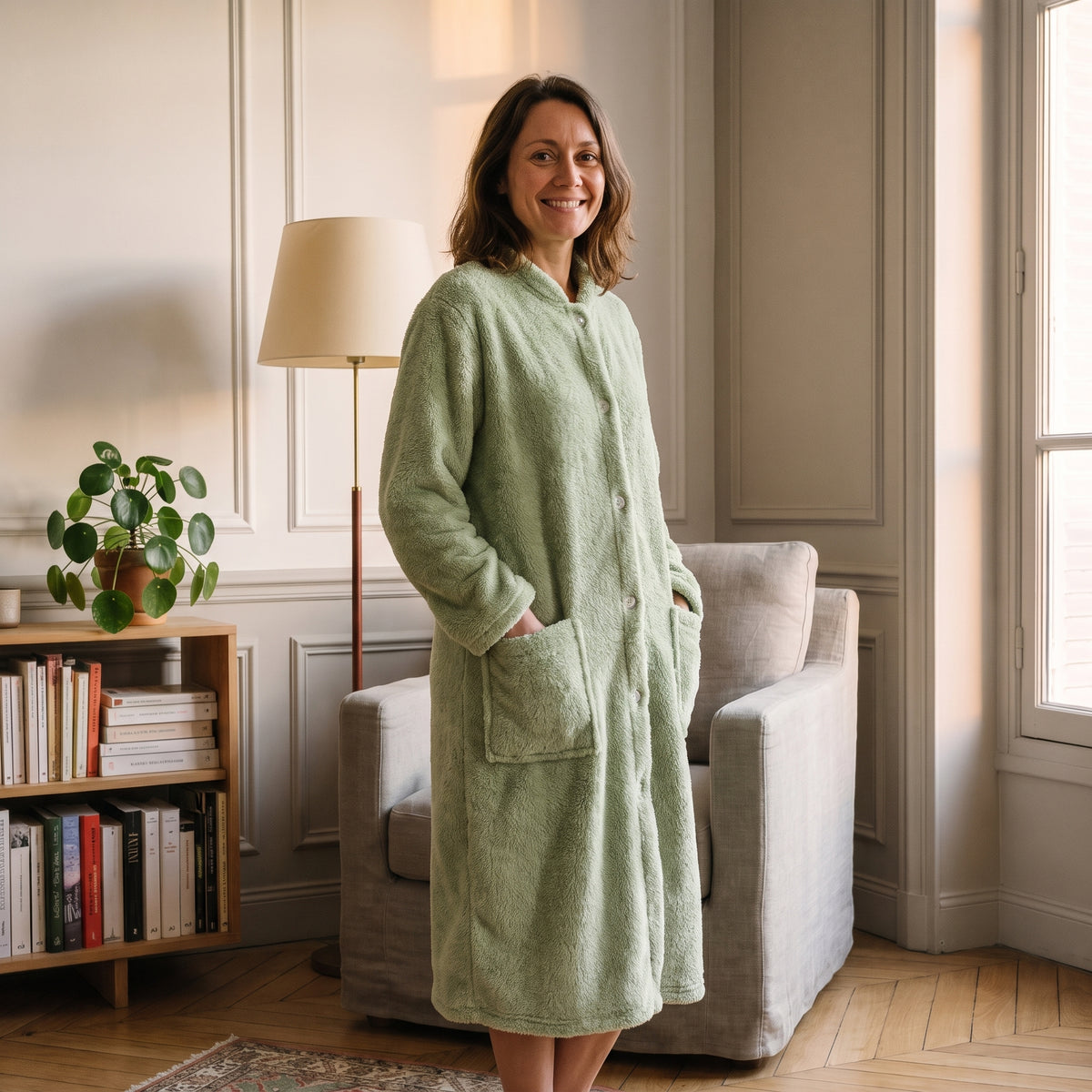 Robe de chambre femme vert amande portée au calme chez soi Image