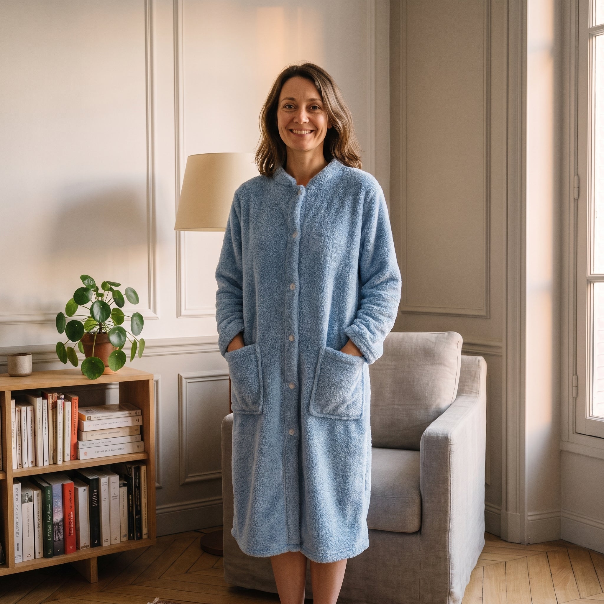 Robe de chambre femme bleu ciel portée dans le salon Image