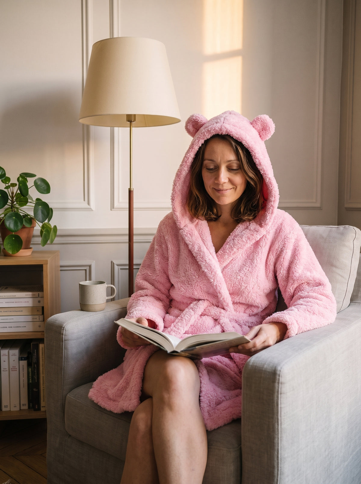 Femme du casting en robe de chambre Rose à capuche oreilles près du coin lecture