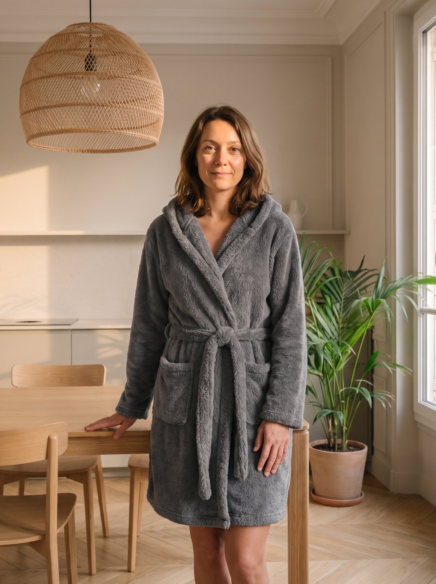 Femme du casting portant la robe de chambre courte grise à capuche près de la table Image