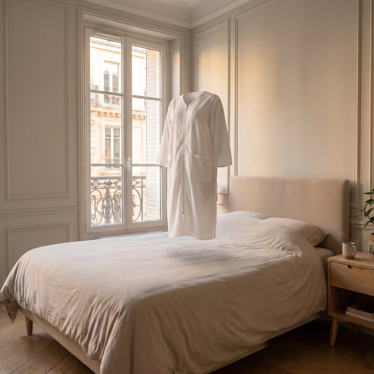 Robe de chambre zippée blanche sur mannequin invisible Image