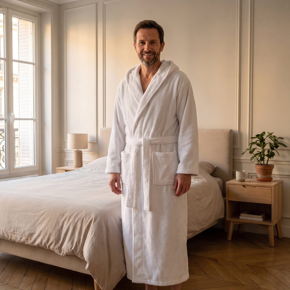 Homme portant une robe de chambre longue blanche pelucheuse dans une chambre