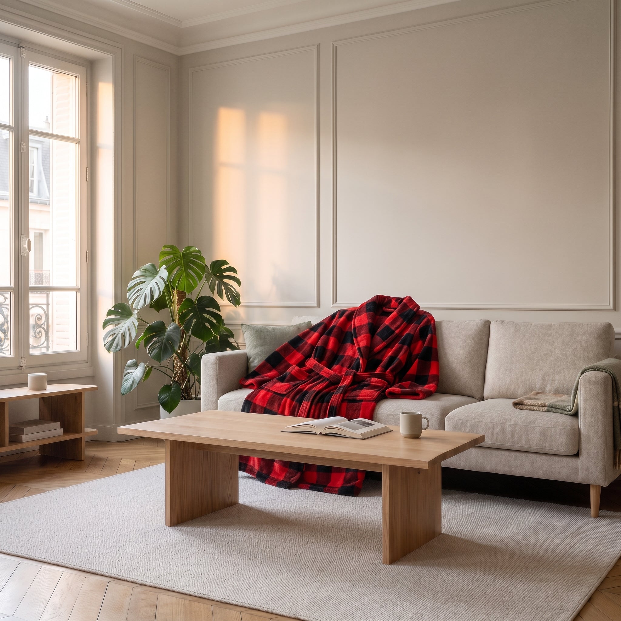 Robe de chambre polaire rouge et noir dans un coin lecture Image