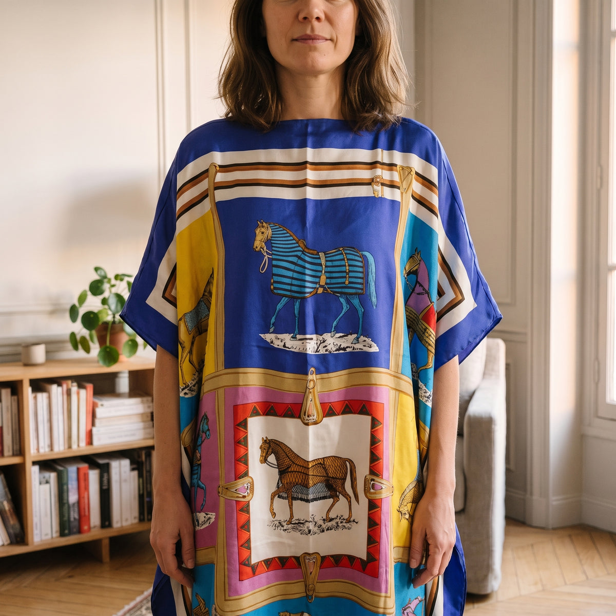 Détail porté de l'imprimé équestre sur la robe ample bleue style foulard