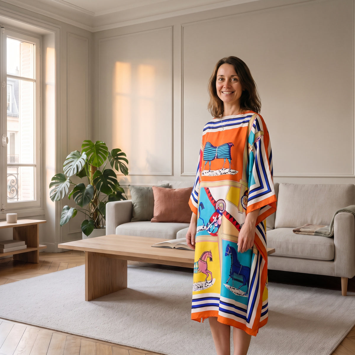 Femme du casting portant la robe ample orange style foulard dans le salon