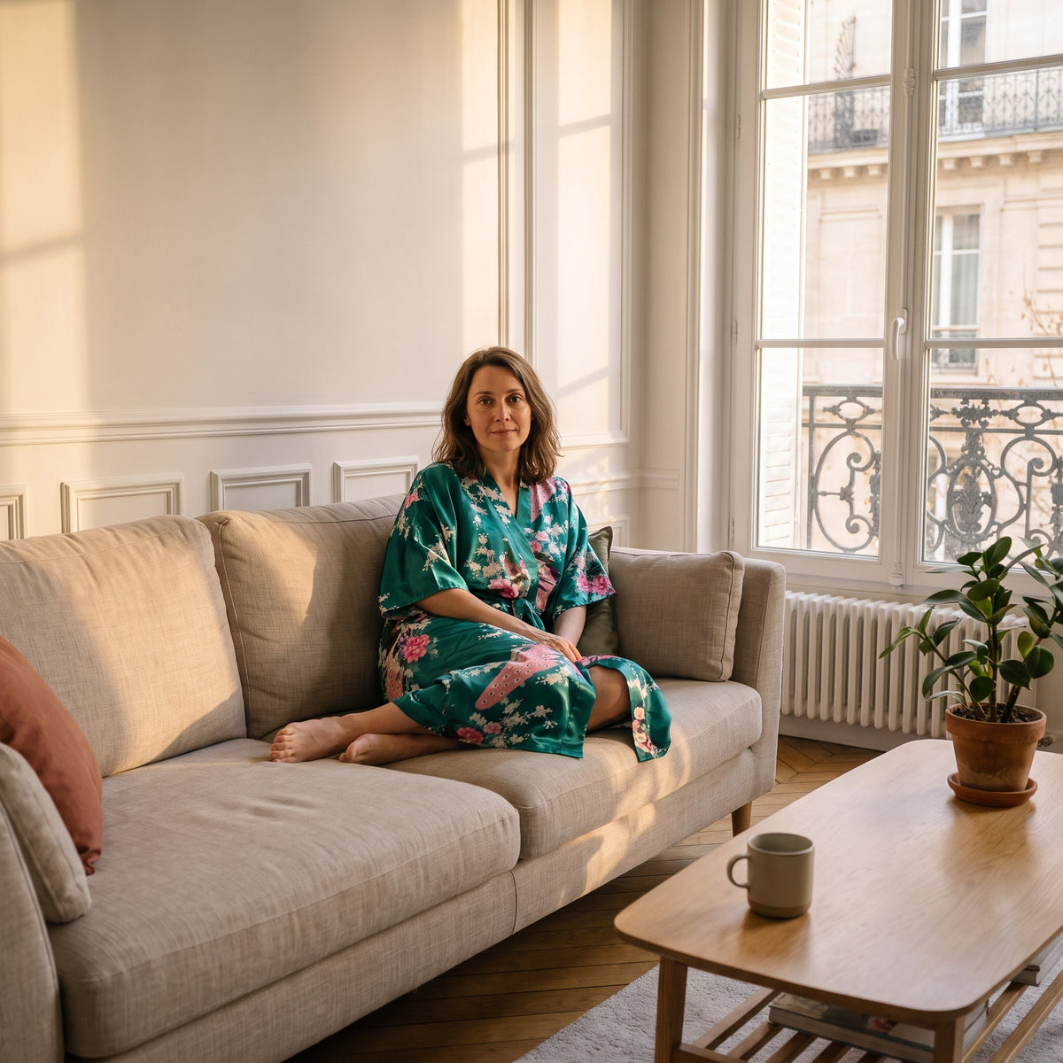 Robe longue en satin à fleurs porté, assise Image