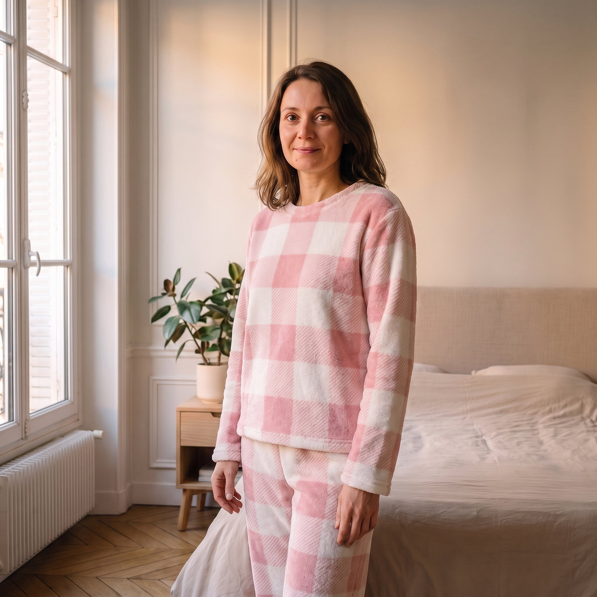 Femme portant le pyjama d'hiver rose à carreaux dans une chambre lumineuse