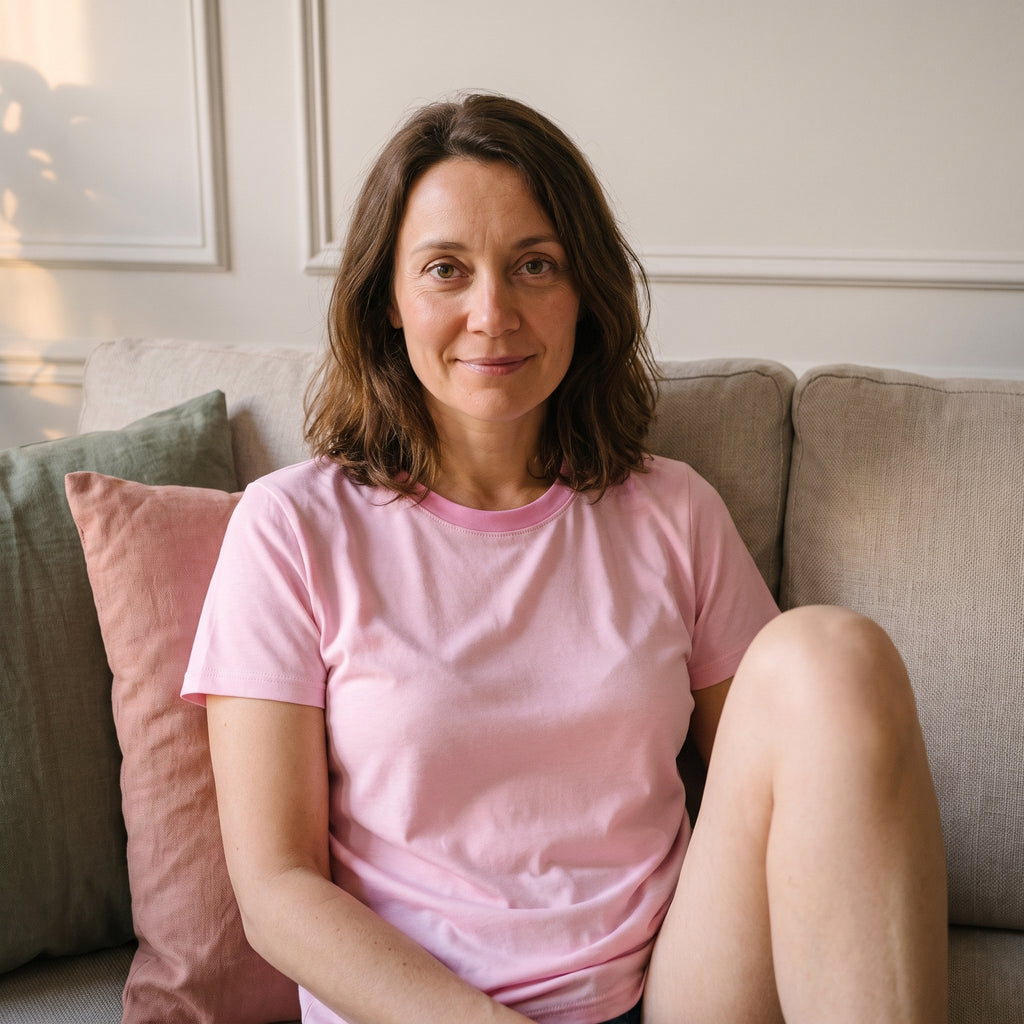 T-shirt rose clair porté par une femme assise sur un canapé