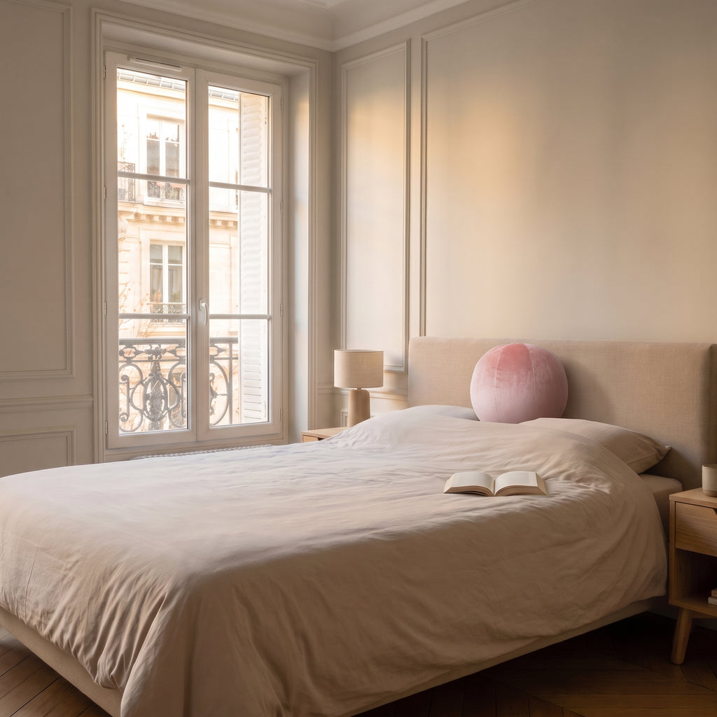 Coussin rond nordique en velours rose clair, posé sur un canapé clair