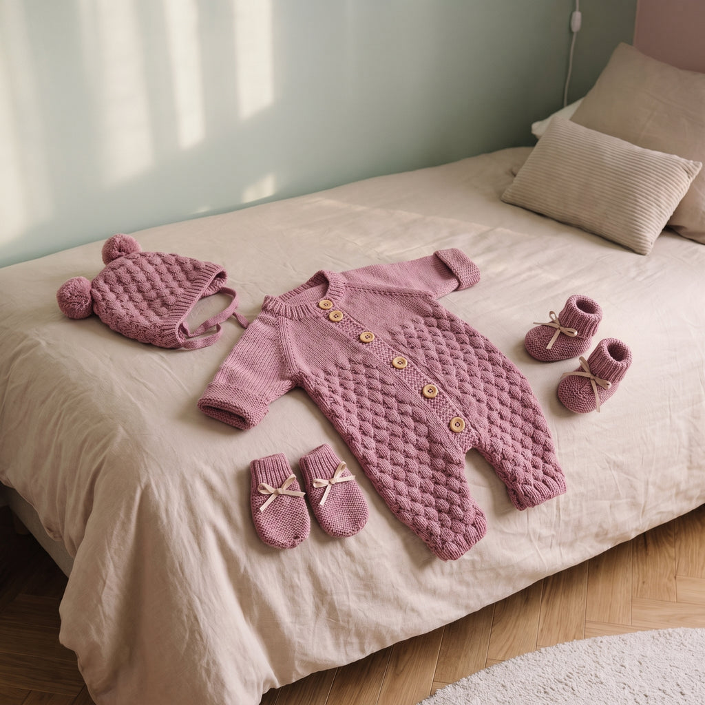 Barboteuse tricot rose et ses accessoires sur le lit