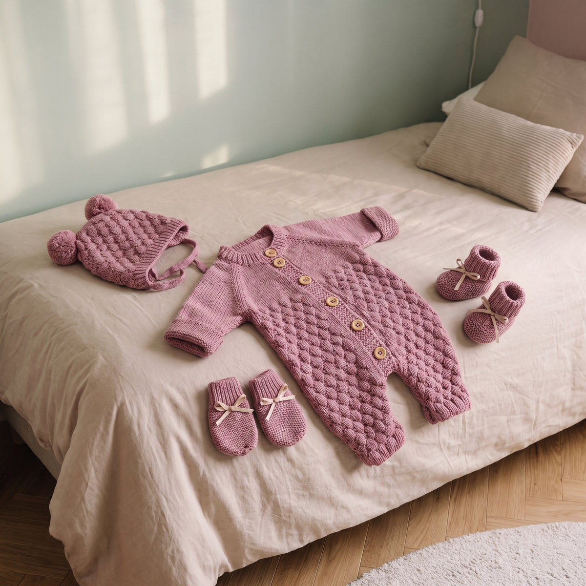 Barboteuse tricot rose et ses accessoires sur le lit
