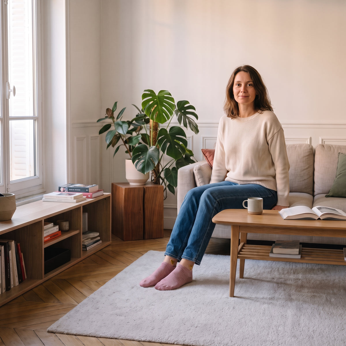 Chaussettes basses roses à cœur doré portées aux pieds dans le salon