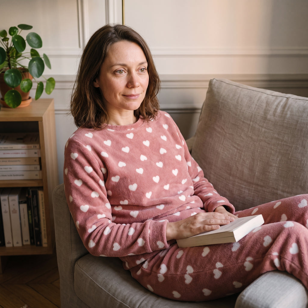 Femme assise dans un fauteuil de lecture en pyjama polaire vieux rose semé de cœurs blancs
