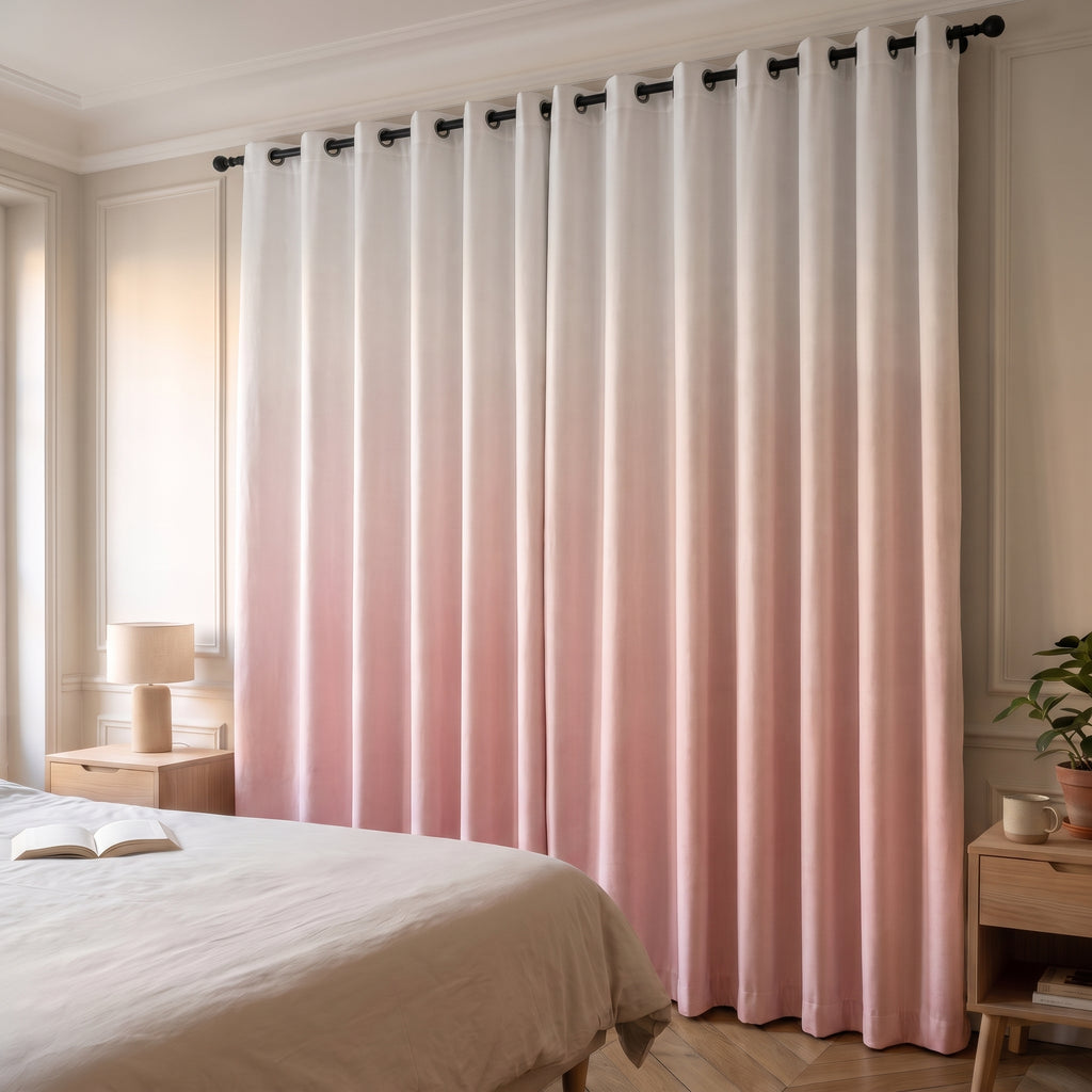 Rideau occultant en velours rose dégradé fermé devant la fenêtre d'une chambre