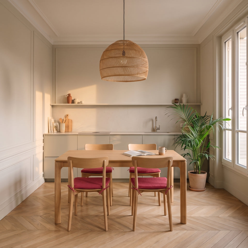 Lot de coussins de chaise rose foncé installé autour d’une table en bois clair