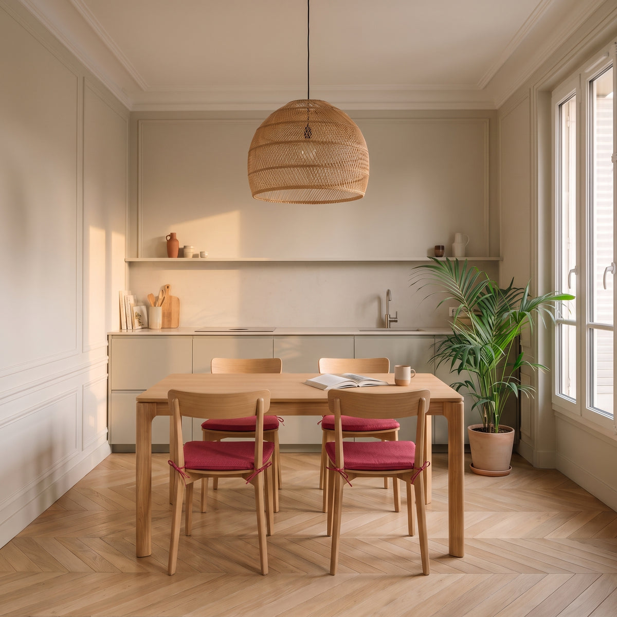 Lot de coussins de chaise rose foncé installé autour d’une table en bois clair