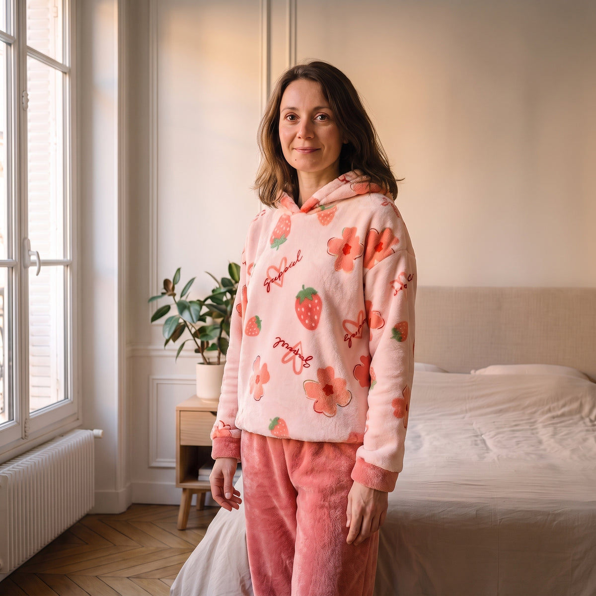 Femme portant le pyjama d'hiver rose imprimé dans une chambre lumineuse Image