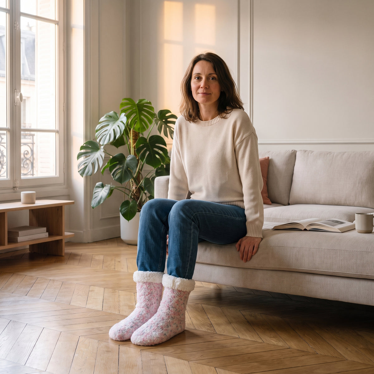 Chaussettes rose moucheté portées dans un salon lumineux
