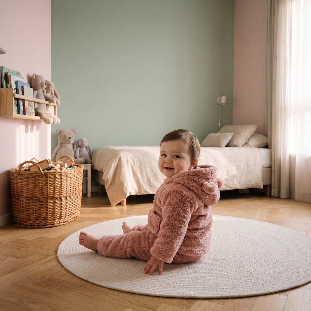 Bébé assis portant l'ensemble pyjama peluche rose à capuche ours, vu de trois quarts arrière