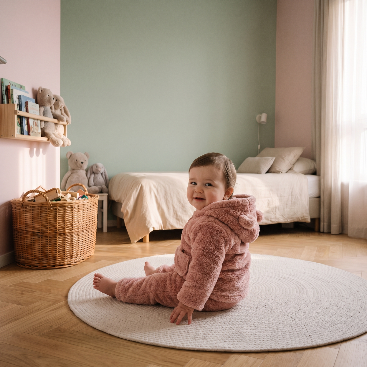 Bébé assis portant l'ensemble pyjama peluche rose à capuche ours, vu de trois quarts arrière