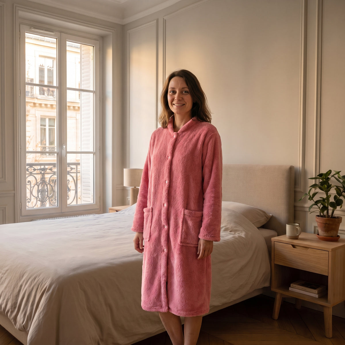 Robe de chambre femme polaire rose portée dans une chambre lumineuse