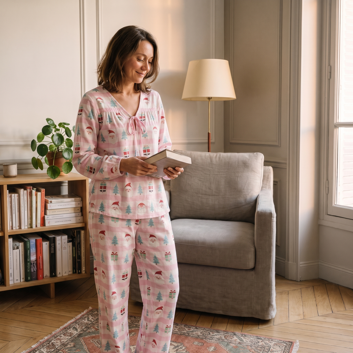 Pyjama de Noël femme rose pastel porté dans un coin lecture lumineux