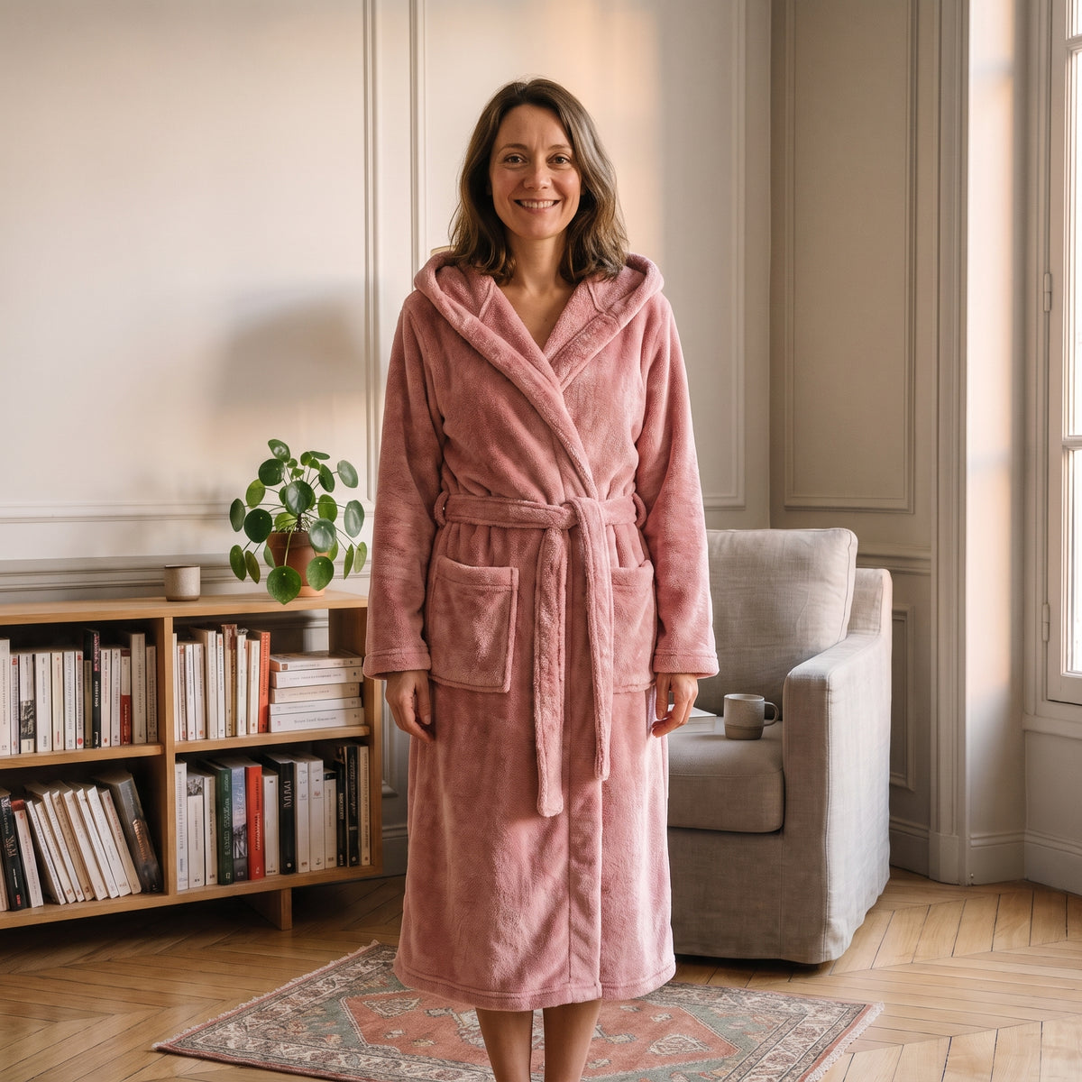Femme du casting portant la robe de chambre longue Rose à capuche dans le coin lecture