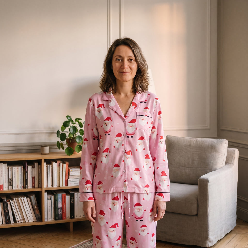 Pyjama de Noël femme rose porté et cadré à mi-cuisse dans un coin lecture